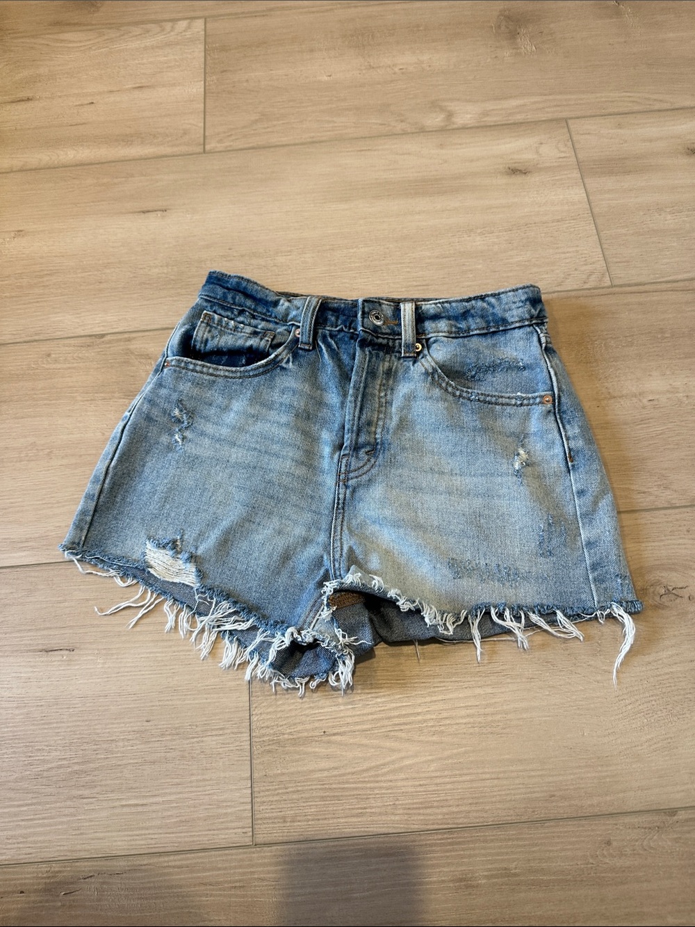 Denim High-Rise Distressed Women's Shorts - Light Blue